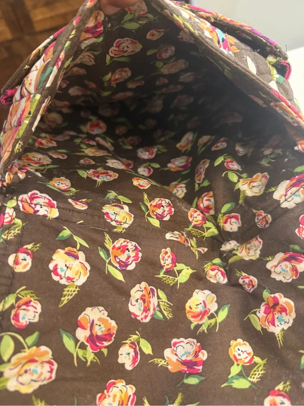 Vera Bradley Brown Floral Quilted Crossbody with Pink and Orange Blooms